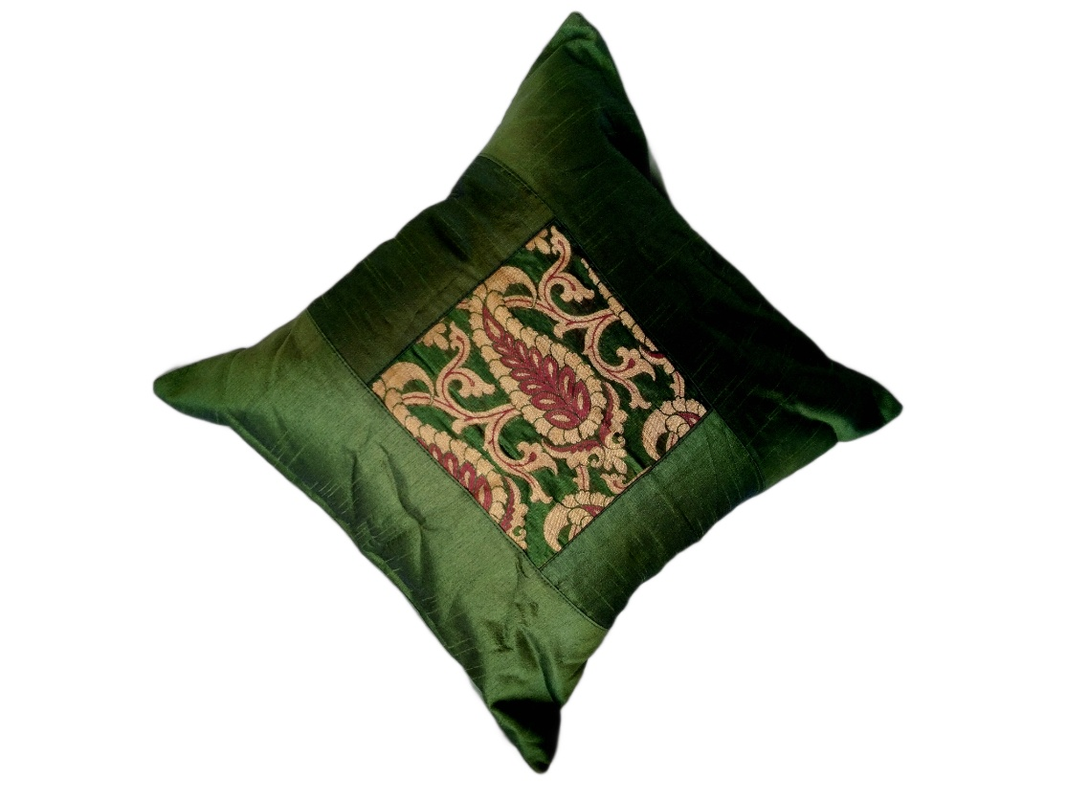 Green Silk Zari Brocade 16 ⨉ 16 Cushion Pillow Cover, Sofa Cushion Cover, Bedding Cushion Cover, Cotton Cushion Cover, Decorative Pillow set of 5