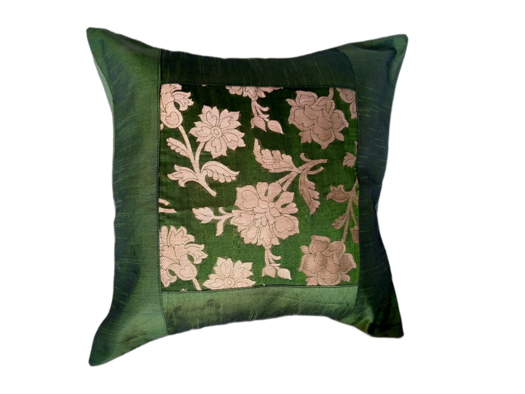 Green Silk Zari Brocade  16 ⨉ 16 Cushion Pillow Cover, Sofa Cushion Cover, Bedding Cushion Cover, Cotton Cushion Cover,  Decorative Pillow set of 5