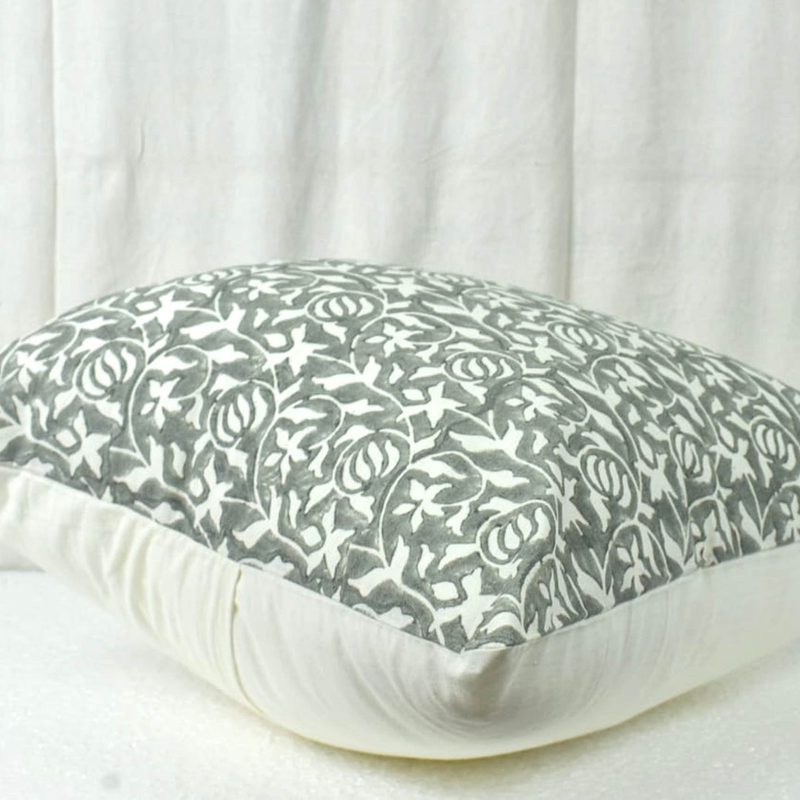 Hand Block Cotton Grey-White Cushion Cover |Farmhouse Pillow Cover|Boho |Floral Throw pillow cover