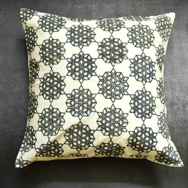 Hand Block Cotton Grey-White Cushion Cover  |Farmhouse Pillow Cover|Boho |Floral Throw pillow cover